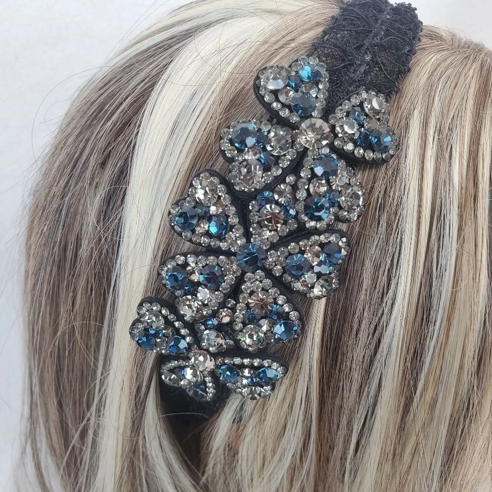 Blue Gunmetal Crystals Floral Black Lace Hair Band